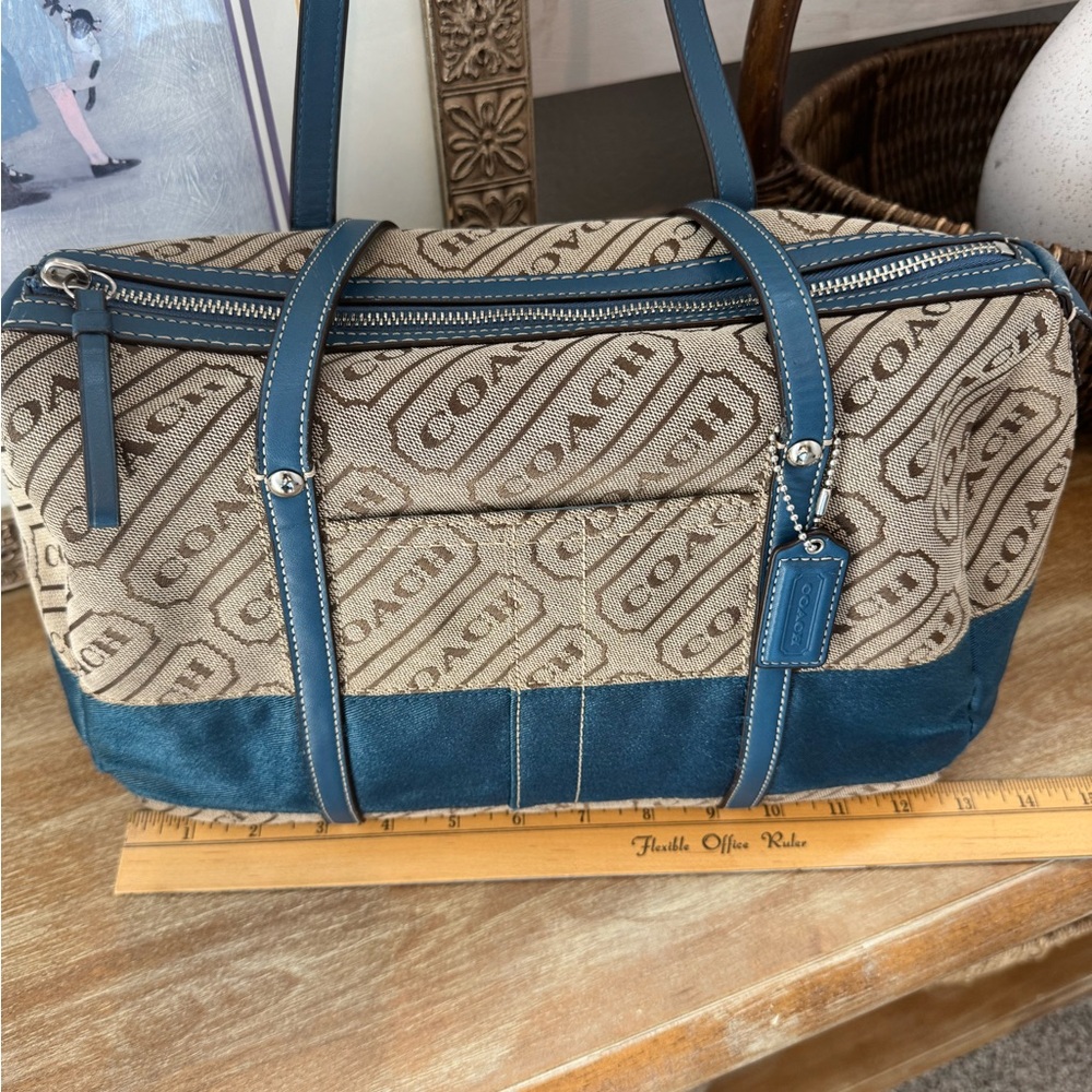 Coach Monogram Canvas Shoulder Bag in Blue and Beige